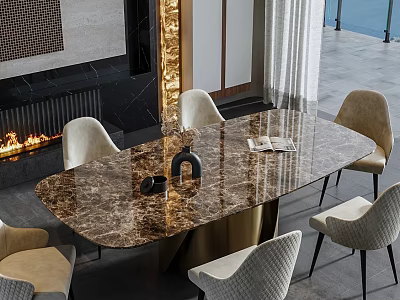 Elegant Modern Dining Table Set With Marble Top Beige Upholstered Chairs Fireplace And Water View 3d model
