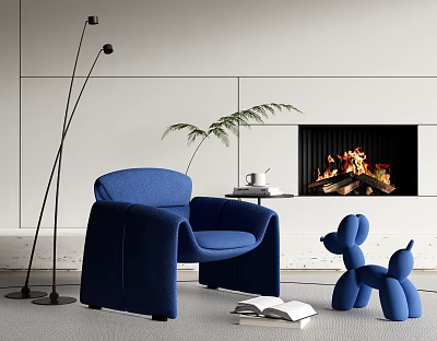Blue Accent Chair with Fireplace Fire Floor Lamp Green Plant and Blue Balloon Dog Sculpture 3d model