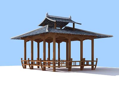 Traditional Style Wooden Pavilion With Tile Roof Multi Layered Eaves Railings And Benches 3d model