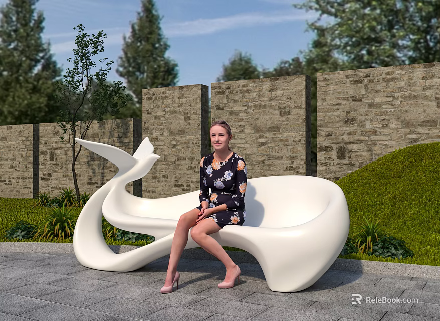 Sculptural White Public Chair in Outdoor Space with Stone Wall Green Plants and Blue Sky 3d model 