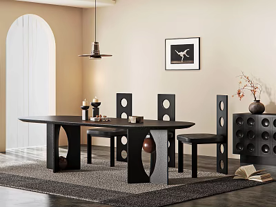 Modern Black Dining Set With Geometric Chairs Pendant Light And Decorative Elements 3d model