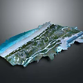 3D Rendered Terrain Model With Coastal Line Green Vegetation And Blue Water Areas