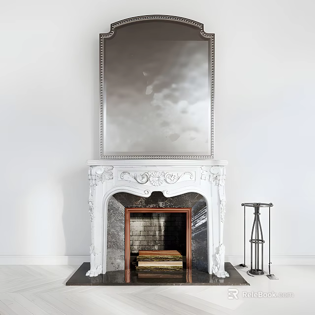 Ornate White Fireplace With Decorative Mirror Above Stacked Books Inside And Metal Lantern Beside 3d model 