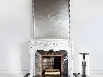 Ornate White Fireplace With Decorative Mirror Above Stacked Books Inside And Metal Lantern Beside 3d model