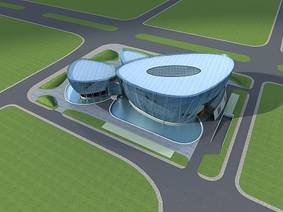 Futuristic Modern Public Building With Curved Glass Facade Circular Skylight And Green Lawns 3d model