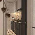 Modern Kitchen Interior With White And Black Cabinets Floral Backsplash And Stove