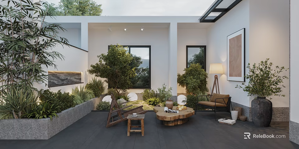 Modern Garden Landscape Design With Courtyard Green Plants Outdoor Seating And Glass Roof 3d model 