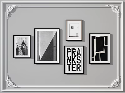 Gray Wall Decor With Multiple Frames of Different Shapes Sizes and PRANKS TER Text 3d model