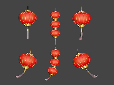 Traditional Red Lanterns Single And String With Gold Tassels Decorative Design 3d model