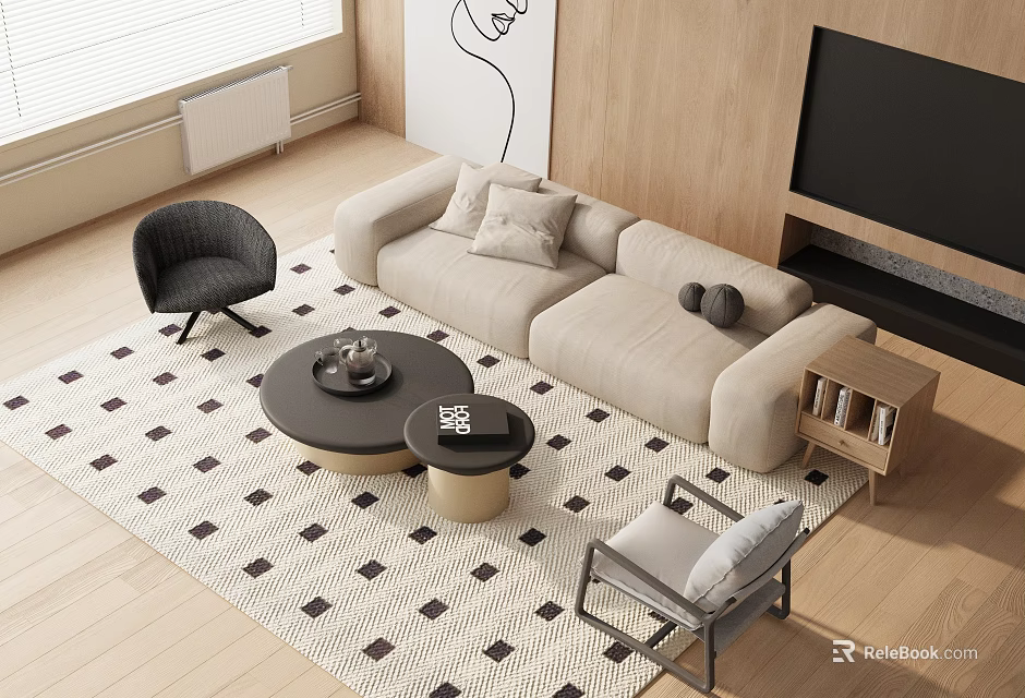 Beige Sofa With Pillows And Black Round Coffee Table Set On Diamond Patterned Rug 3d model