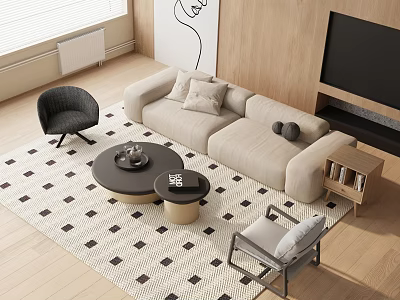 Beige Sofa With Pillows And Black Round Coffee Table Set On Diamond Patterned Rug 3d model