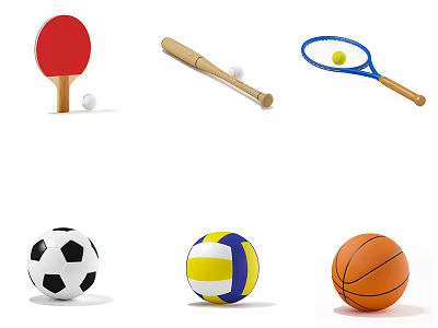Sports Equipment Collection Including Table Tennis Racket Baseball Bat Tennis Racket Soccer Volleyball And Basketball 3d model