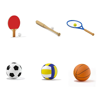 Sports Equipment Collection Including Table Tennis Racket Baseball Bat Tennis Racket Soccer Volleyball And Basketball 3d model