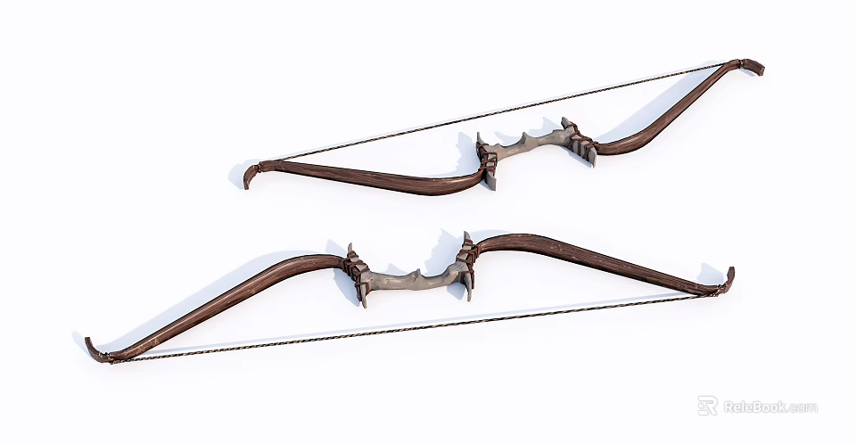 Two Traditional Wooden Bows With Curved Design And Metal Accents 3d model 