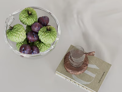 Fresh Green Custard Apples Purple Plums In Transparent Bowl With Book Glass Cup Wooden Coaster 3d model