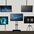 Modern TVs Wall Mounted And On Stands Displaying Scenery Digital Clock Various Screens