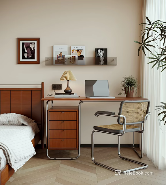 Cozy Wooden Desk With Wicker Chair Laptop Lamp Shelf Books Photo And Potted Plant 3d model 