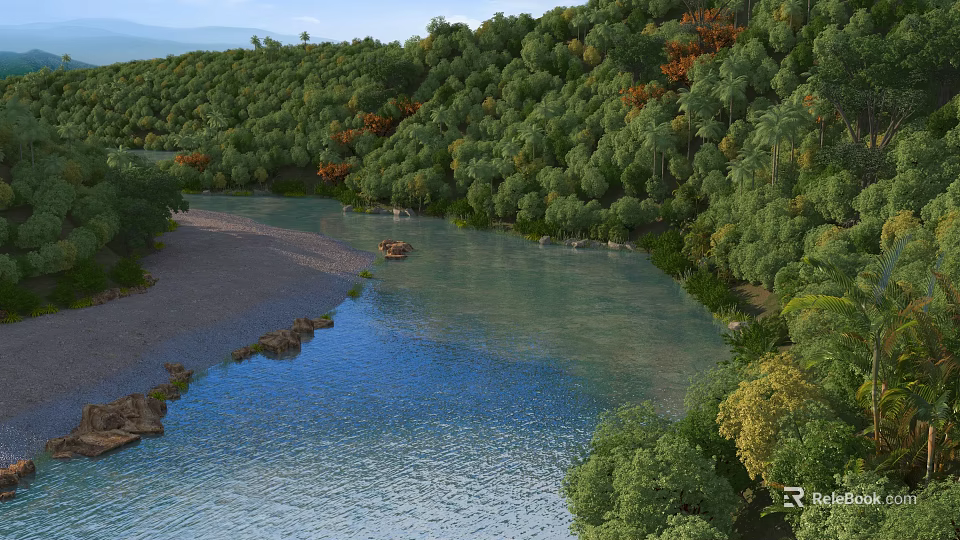 Scenic River Surrounded By Lush Green Forests 3d model 
