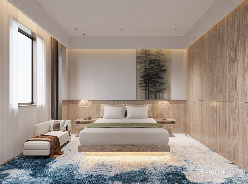 Modern Bedroom With Wooden Walls Large Bed Bedside Lamps Wall Painting And Blue White Carpet 3d model 