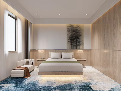 Modern Bedroom With Wooden Walls Large Bed Bedside Lamps Wall Painting And Blue White Carpet 3d model