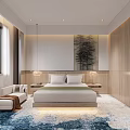 Modern Bedroom With Wooden Walls Large Bed Bedside Lamps Wall Painting And Blue White Carpet