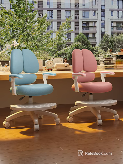 Modern Blue Pink Desk and Chair Set with Swivel Wheels Armrests and Green Plants 3d model 