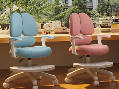 Modern Blue Pink Desk and Chair Set with Swivel Wheels Armrests and Green Plants 3d model