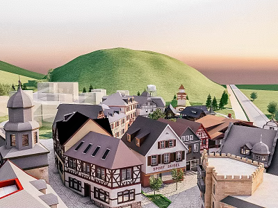 Traditional Commercial Street with Half Timbered Buildings Various Rooftops Green Hills and Trees 3d model