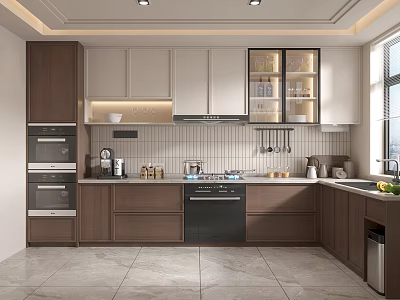 Modern Kitchen Interior With Cabinets Appliances Stove Sink Tiled Backsplash And Window 3d model