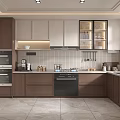 Modern Kitchen Interior With Cabinets Appliances Stove Sink Tiled Backsplash And Window