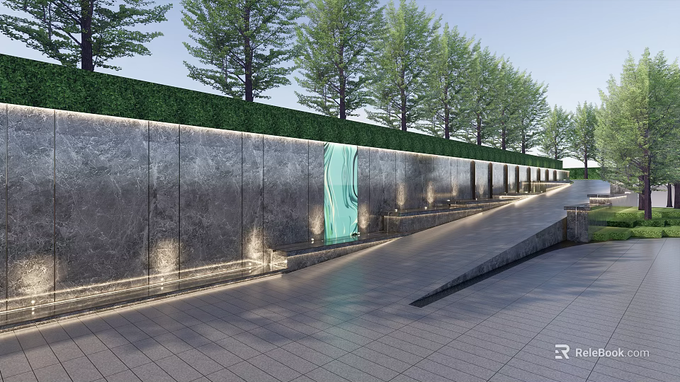 Modern Landscape Wall With Stone Surface Flowing Water And Green Trees 3d model 
