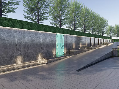 Modern Landscape Wall With Stone Surface Flowing Water And Green Trees 3d model