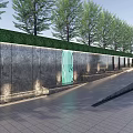 Modern Landscape Wall With Stone Surface Flowing Water And Green Trees