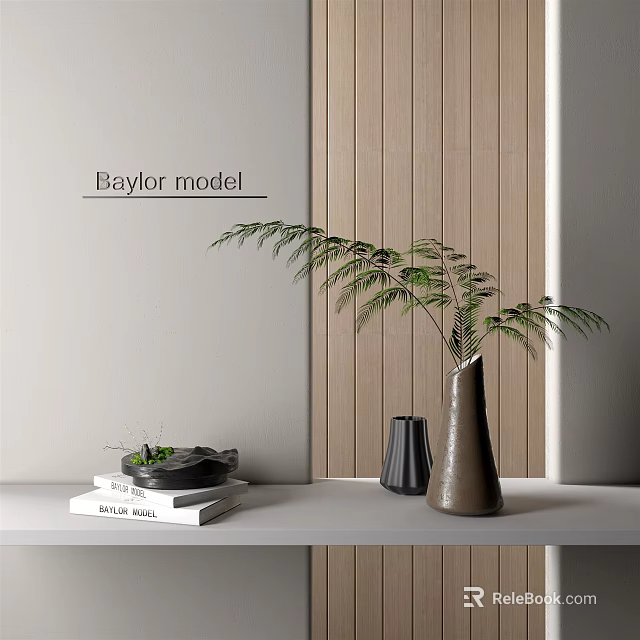 Modern Interior Vase With Green Foliage On Tabletop Wooden Wall Panel White Wall And Books 3d model 