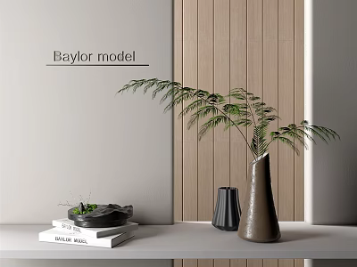 Modern Interior Vase With Green Foliage On Tabletop Wooden Wall Panel White Wall And Books 3d model
