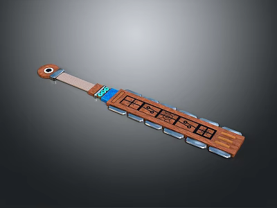Traditional Multi section Wooden Weapon With Blue Accents And Metal Decorative Components 3d model