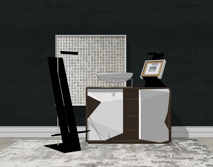 Modern Minimalist Entryway Console Cabinet With Geometric Panels Floor Lamp And Decorative Painting 3d model 