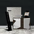 Modern Minimalist Entryway Console Cabinet With Geometric Panels Floor Lamp And Decorative Painting