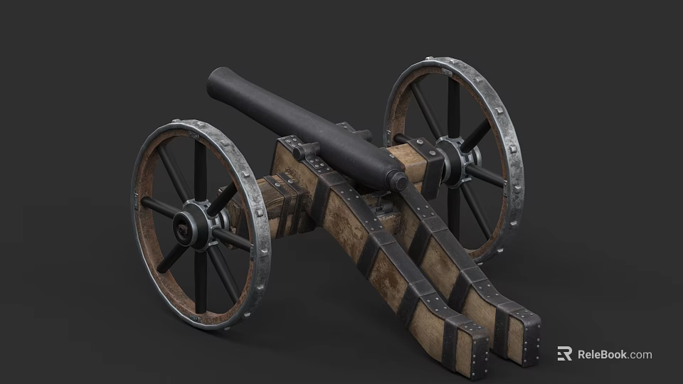 Vintage Historical Weapon Old Cannon With Wooden Carriage And Metal Wheels 3d model 
