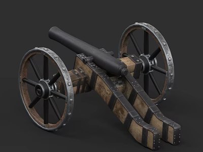 Vintage Historical Weapon Old Cannon With Wooden Carriage And Metal Wheels 3d model