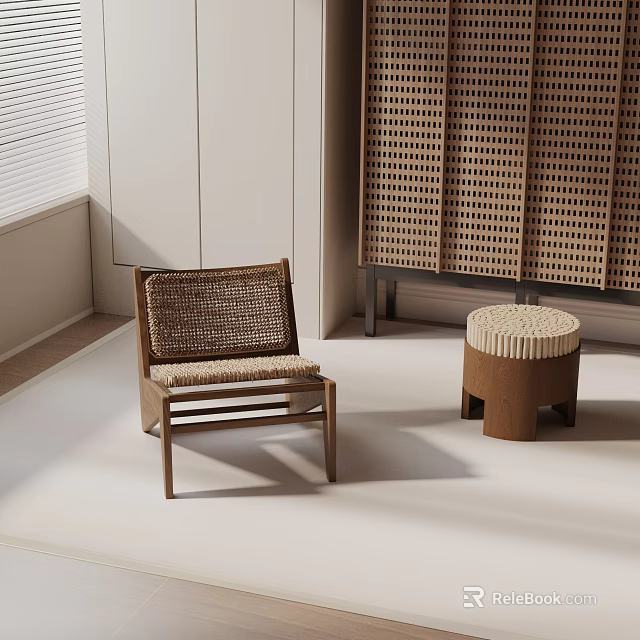 Woven Accent Chair With Wooden Frame And Matching Stool In Modern Minimalist Interior 3d model 