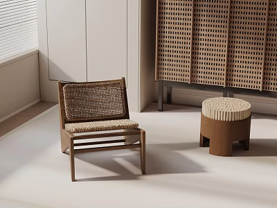 Woven Accent Chair With Wooden Frame And Matching Stool In Modern Minimalist Interior 3d model