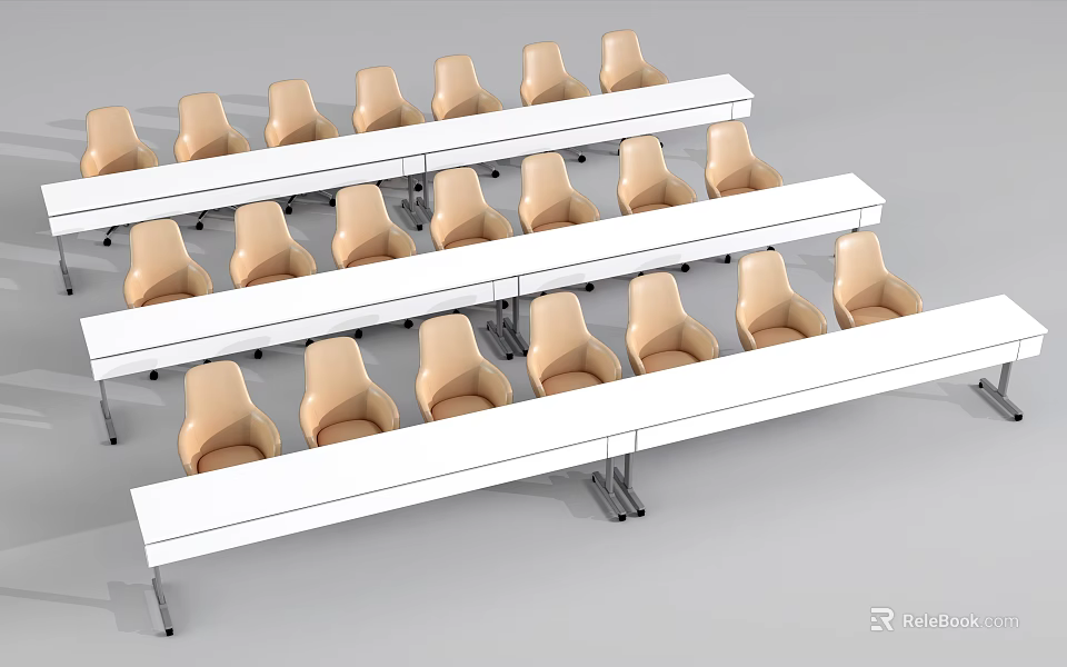White Long Office Desks With Beige Chairs Neatly Arranged In Organized Layout 3d model 