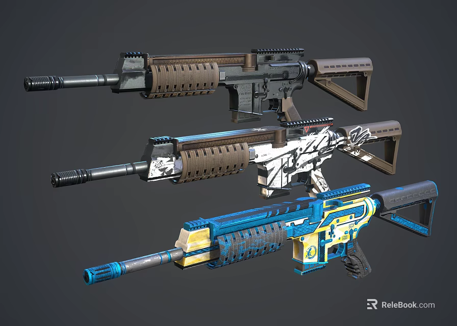 Three Modern Tactical Rifles Featuring Black White Patterned Blue Yellow Colors 3d model