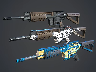 Three Modern Tactical Rifles Featuring Black White Patterned Blue Yellow Colors 3d model