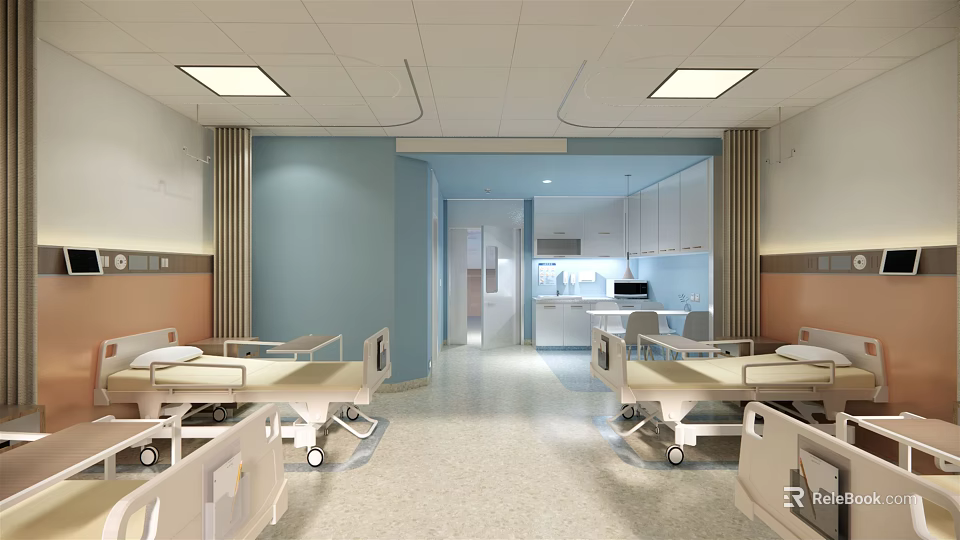 Modern Hospital Ward Interior With White Beds Blue Walls Cabinets And Medical Equipment 3d model 