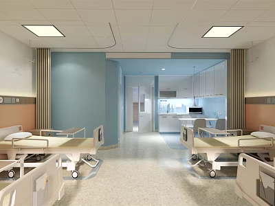 Modern Hospital Ward Interior With White Beds Blue Walls Cabinets And Medical Equipment 3d model