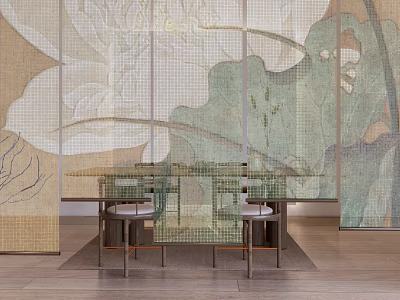 Modern Linen Curtain With Large Lotus Print In Living Room Interior 3d model