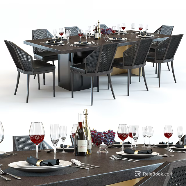 Modern Dining Table Set With Chairs Wine Glasses Tableware And Grapes On Table 3d model 