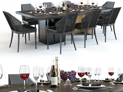 Modern Dining Table Set With Chairs Wine Glasses Tableware And Grapes On Table 3d model